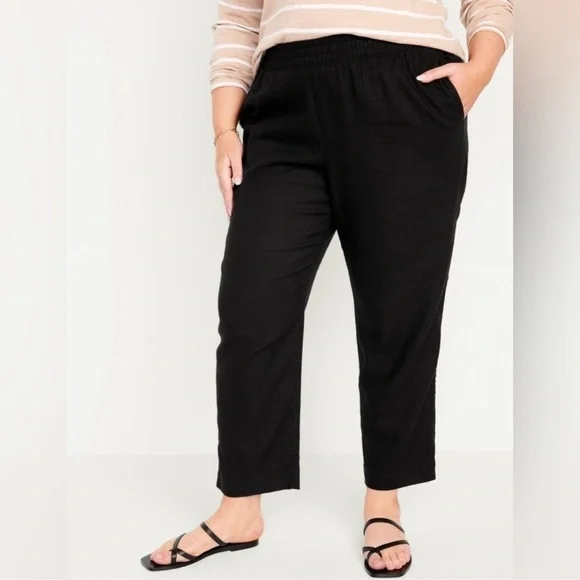 NWT! Old Navy Women’s Black High-Waisted Linen-Blend Straight Pants 🛝 - Picture 3 of 7